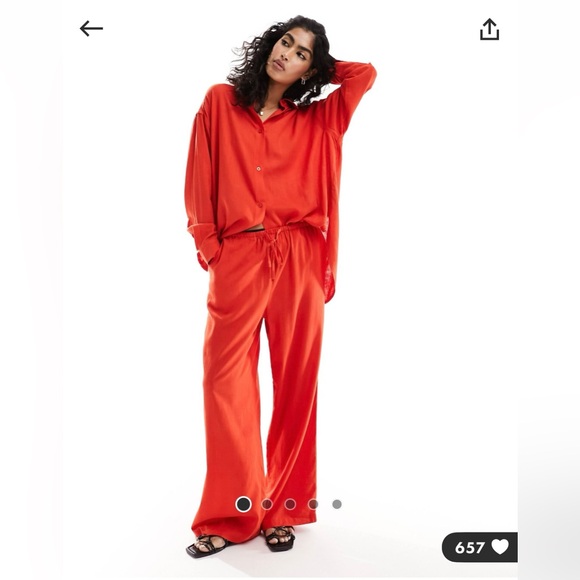 ASOS Pants - ASOS DESIGN Wide Leg Pull On Pants with Linen in Red
